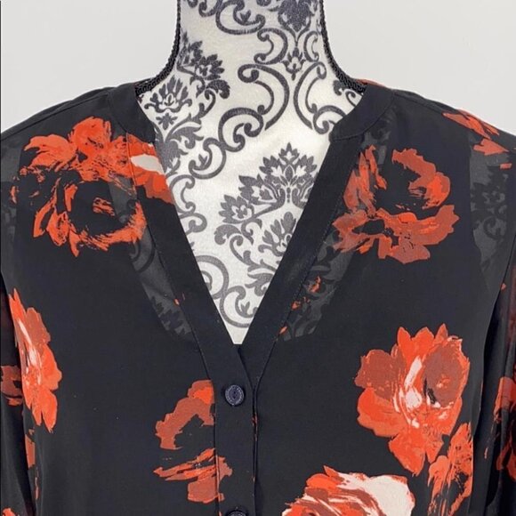 FOXCROFT Ali Painterly Rose Chiffon floral Blouse bell sleeve v-neck flowy boho - Picture 6 of 12